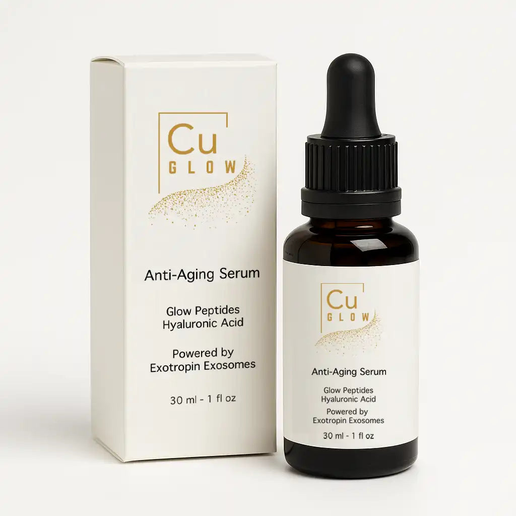 Cu GLOW Anti-Aging Serum with peptides, hyaluronic acid, and exosome technology for firmer, hydrated, youthful skin