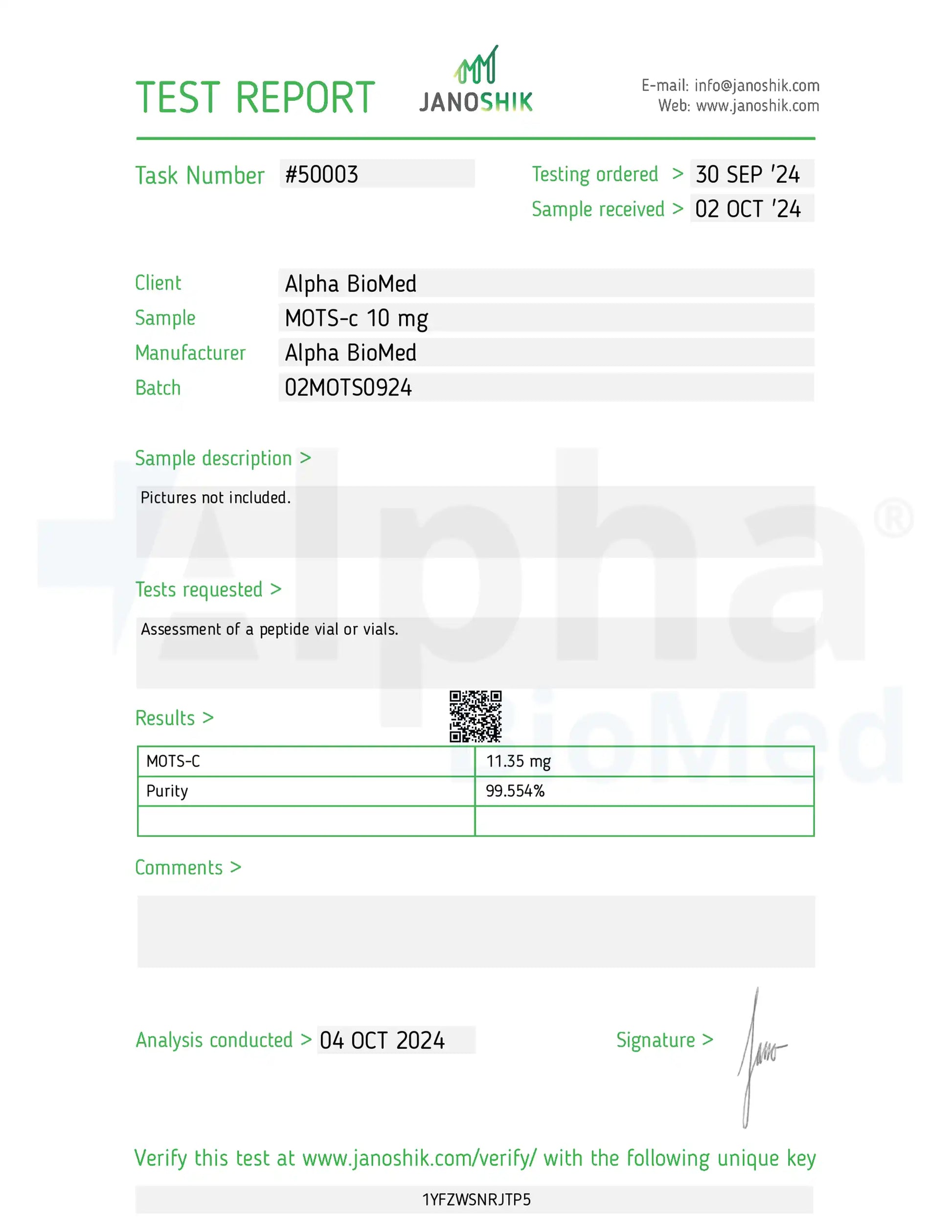 MOTS-c (10mg) COA Alpha BioMed